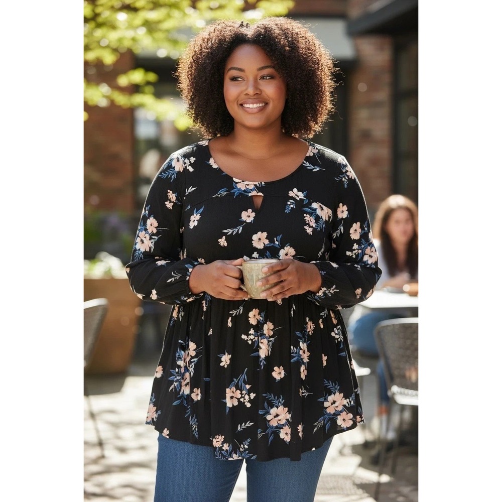 Torrid Black Floral Long Sleeve Top Size 3 Flowy Plus Size 22-24